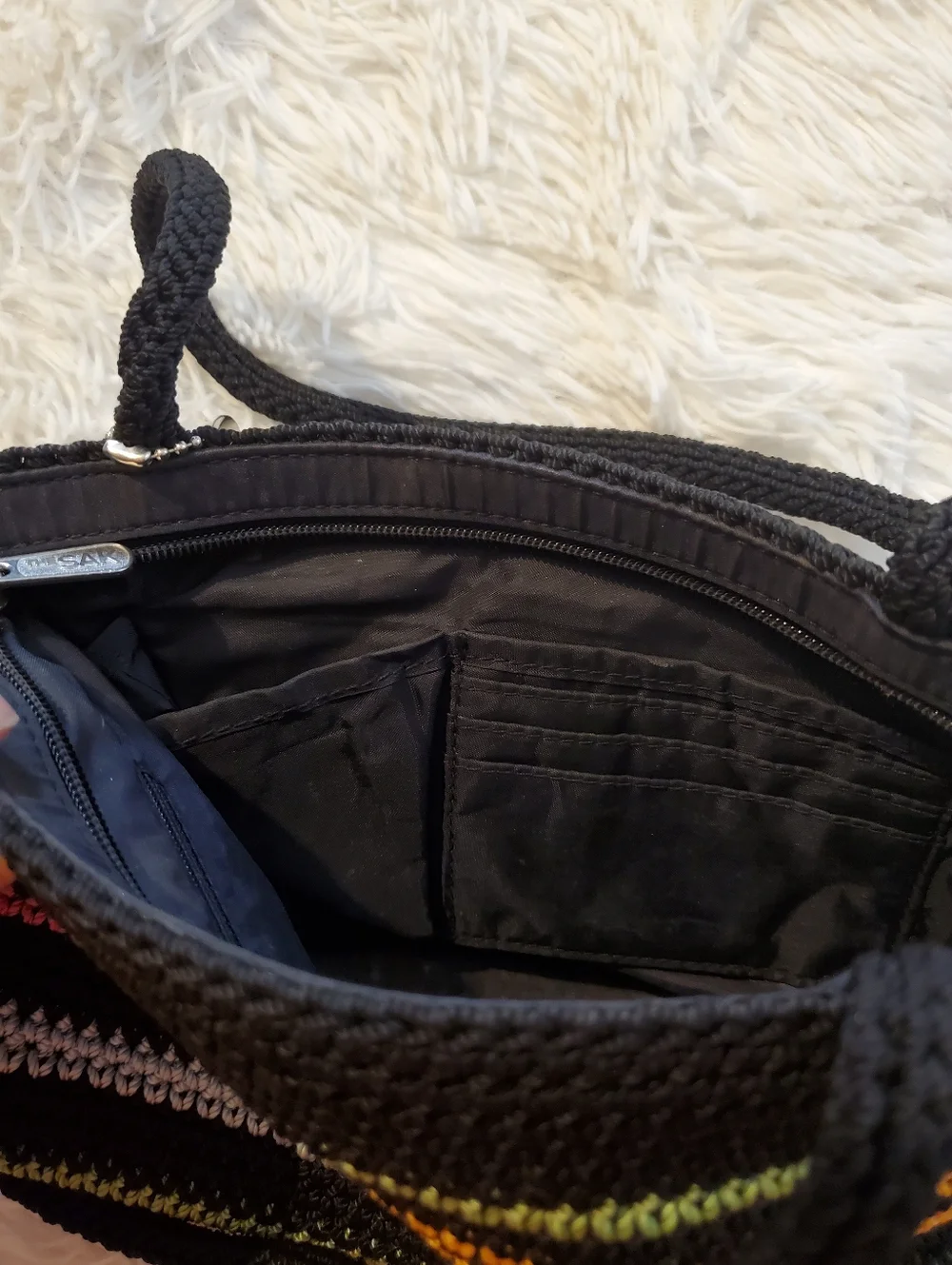 The Sak Black Crochet Shoulder Bag with Orange, Purple, Green & Blue Stripes
